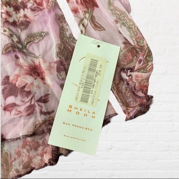 SHELIA MOON Mesh Long Sleeve Pink Floral Paisley Top with Back Pockets, sz Small - Picture 8 of 12